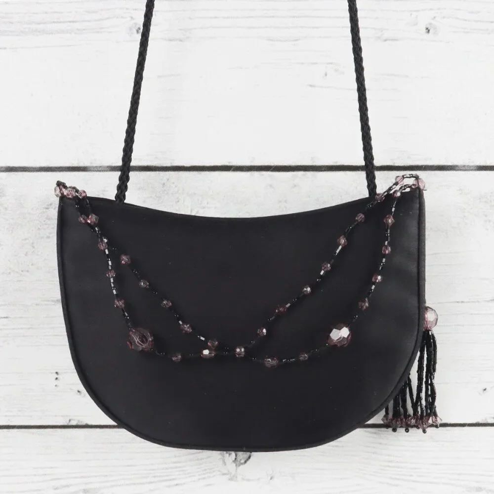 La Regale Black Satin Mini Crossbody or Clutch Bag Beaded Tassels Button Closure